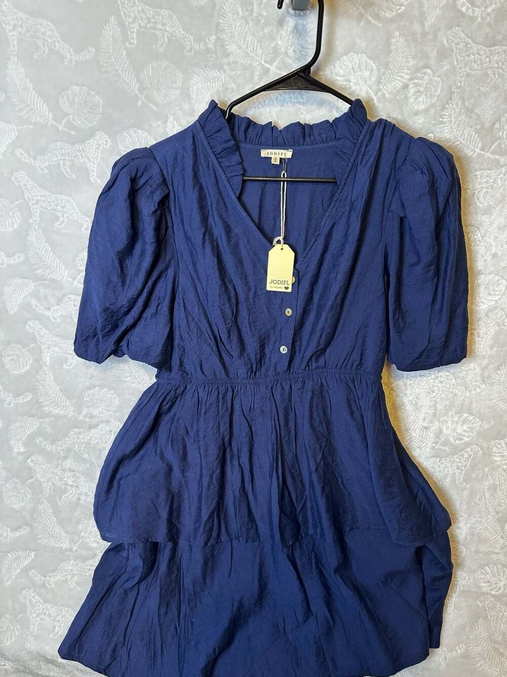 Jodifl Navy Blue Ruffle Tiered Puff Sleeve Dress Size M